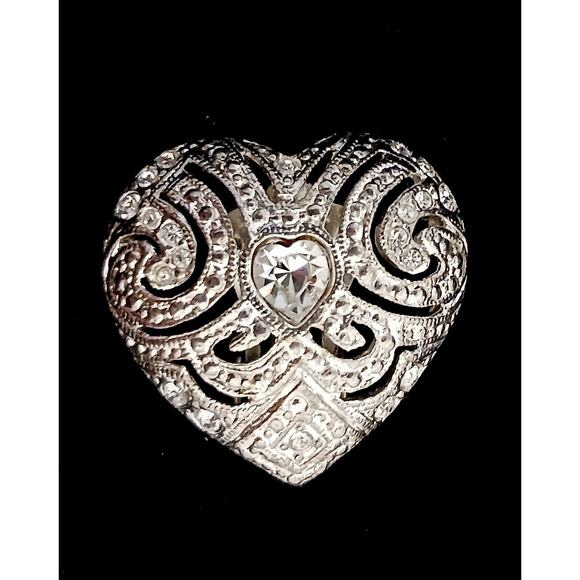 Vintage Carolee Earrings 1" Heart Simulated Diamonds Clip On Silver Filigree EUC - Picture 8 of 15